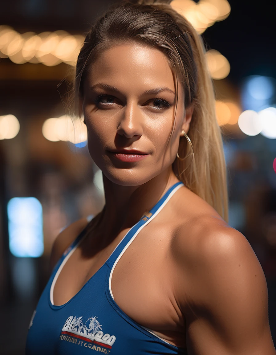 cinematic photo close-up portrait photography of a beautiful (((mlssbnstkara bodybuilder woman))) at tourist information center , during Night , Nikon Z9  . 35mm photograph, film, bokeh, professional, 4k, highly detailed