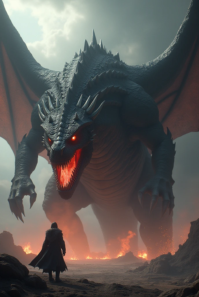 A great threatening dragon, Ash black color with red lights projecting on it