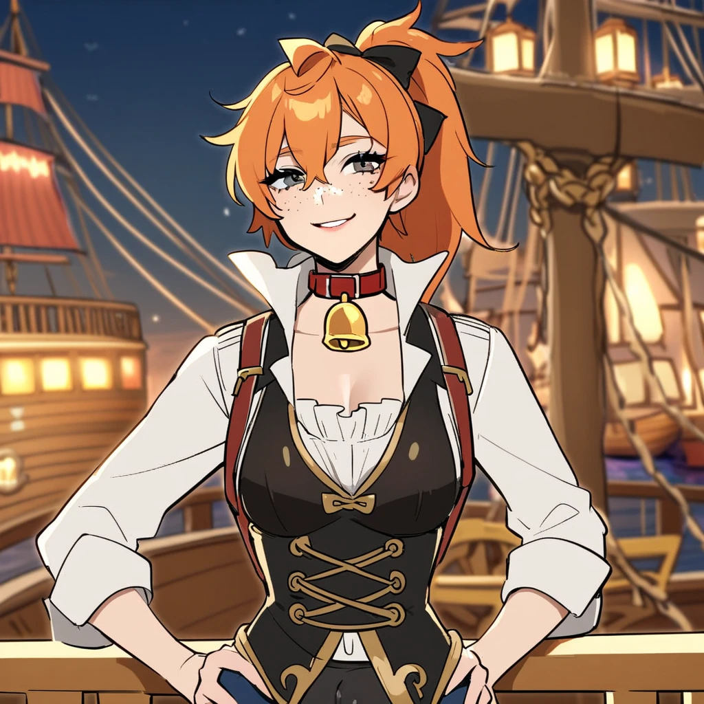 (beautiful femboy), femboy, feminine boy, feminine male, small bulge, fake chest, large chest, alone, pirate, orange hair, freckles, ponytail, collar with bell, ship background, shoulder straps, smile, scar on face,