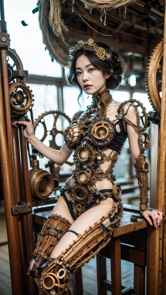 beste-Qualit、巨作、ultra-high-resolution、(photoreallistic:1.4)、Raw photo、1 girl with big、Black hair、glowy skin、1 Mechanical Girl、((hyper realistic detail))、portlate、Global Illumination、Shadow、octane rend、8K、ultrasharp、big tit、Raw skin is exposed in cleavage、Details of complex ornaments、Sumerian details、extremely intricate detail、Realistic light、CGSoation Trends、purple-eyed、radiant eyes、Facing the camera、neon details、Mechanical limbs、blood vessels connected to tubes、Mechanical vertebrae attached to the back、mechanical cervical attaching to neck、sitting on、Wires and cables connecting to the head、evangerion、Small LED lamp、The background is a steampunk city、