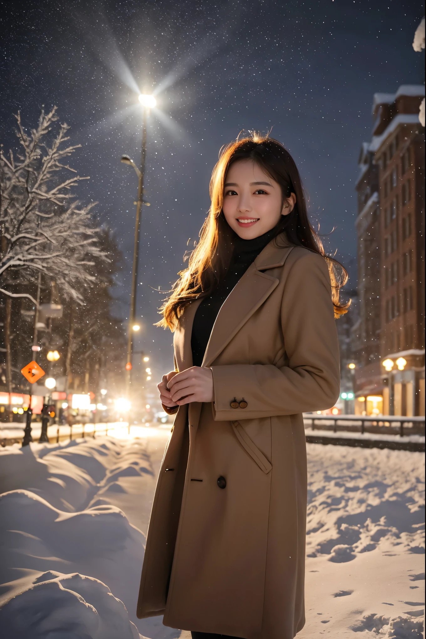 (Best Quality、masterpiece、8k、Highest quality、 ãããe ¼ ããã 、Award-winning works)、 1 girl、( Flawless light brown coat using thick melton fabric.:1.2)、Soft indirect lighting、Soft and delicate light、Spectacular Cinema Lighting、Romantic snowy night city、Romantic illuminations、Beautiful night view of a snowy city、(The most beautiful smile looks at me:1.1)、Fine sparkling snow、 Beautiful snow reflecting light 、 Diamond Dust 、( tyndall effect:1.1)、Beautiful snowy scenery、(that' Snow Is Falling :1.1)、 Exact Anatomy 、( face with no sense of incongruity:1.3)、Beautiful Glossy lipstick, Natural colors、 natural makeup、Glossy lips、 ultra-high definition shiny skin 、ultra high definition radiation, Beautiful Skin、Moisturized, beautiful skin、Beautiful, glowing skin、超高精細のGlossy Lips、 Ultra High Definition Sparkling Eyes 、(BEAUTIFUL PERFECT TEETH 、 ultra high resolution:1.1)、(Smile big showing your beautiful teeth:1.1)、(Perfect and beautiful teeth:1.1)
