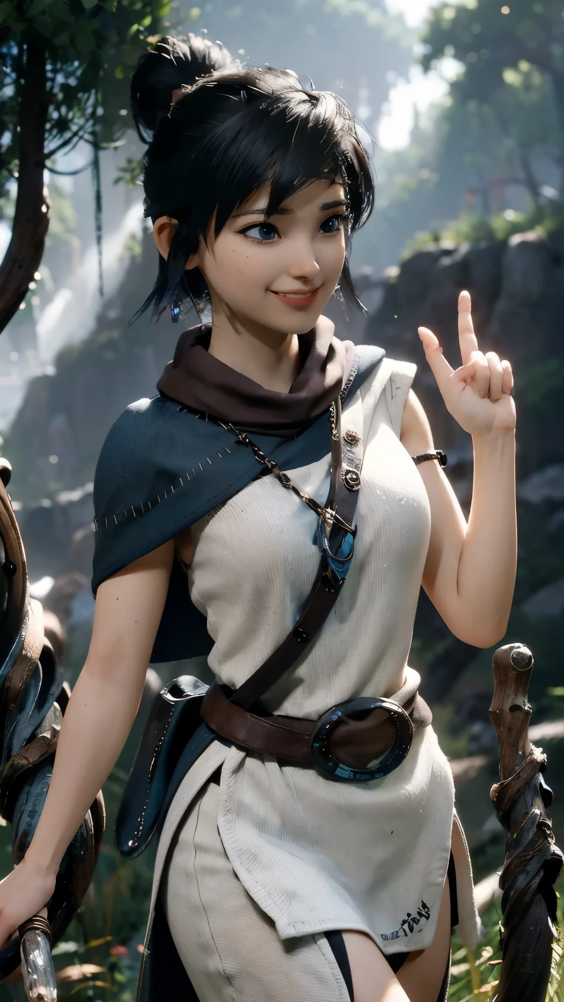 Kena,(best qualityer,4K,8k,high resolution,work of art:1.2)(weather: cloudy), spirit forest background, forest road, freckles, white sleeveless top, blue cape, brown capri pants, linen boots, elbow long gloves, headband, belt, eyeliner, short hair, black hair, ultra detailed, realistic,portraite,beautiful detailed blue eyes, glowing eyes,blush,beautiful detailed lips,extremely detailed eye and face, long eyelashes,sexly,average, large breasts,beaming smile, cute smile,powerful girl, confident pose, stunning curves,bright coloured,dramatic lighting, spirit totems, shaman staff,