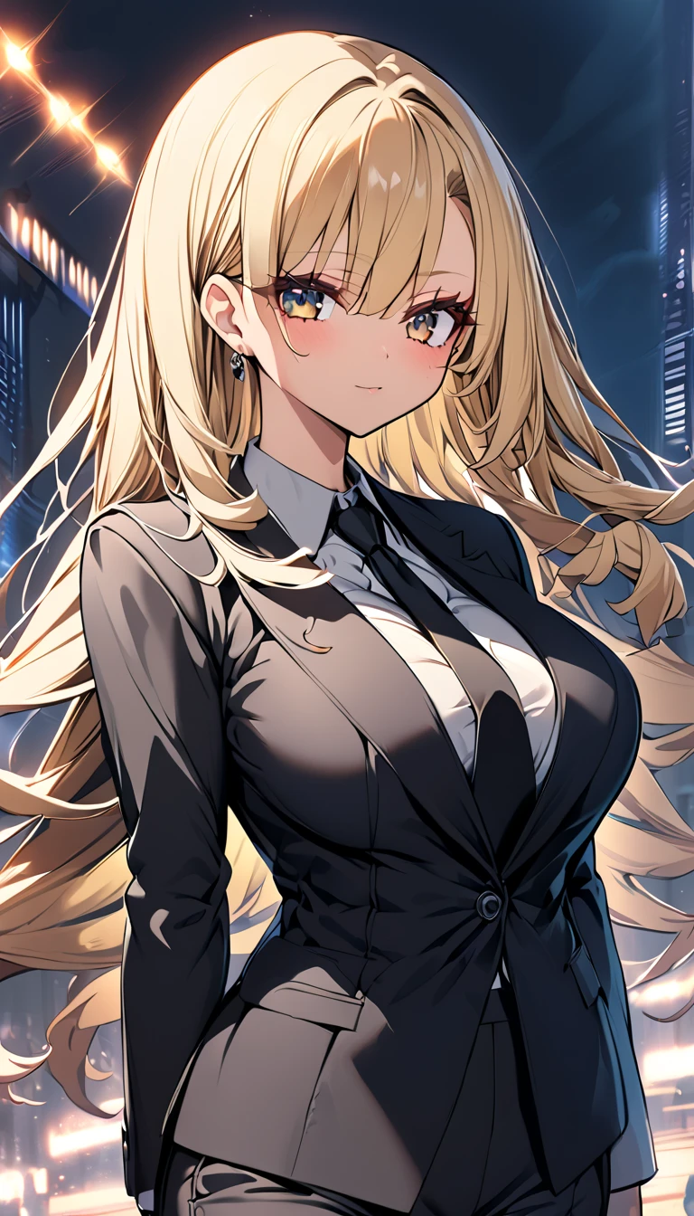  1 girl　 pretty girl 　 anime style　Anime Face　 anime style　Beauty　Big Breasts　Black pants suit　 black shirt 　Black color tie　Blonde hair　 straight hair　 long hair 