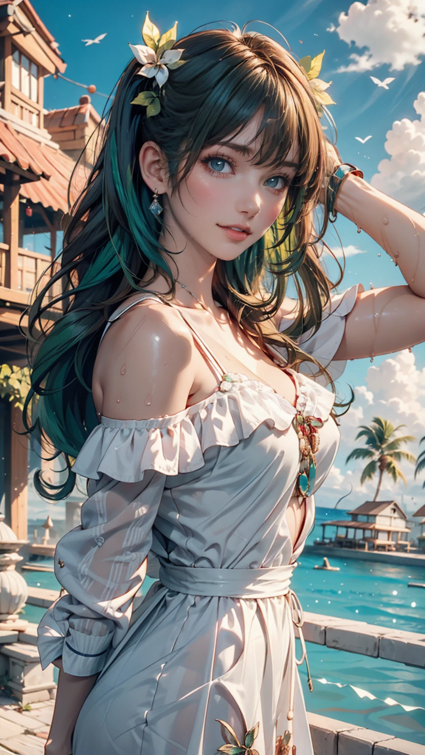 masterpiece, Highest quality, Highest quality, watercolor (Moderate), Official Art, beautifully、aesthetic: 1.2), (1 girl: 1.3), (Fractal Art: 1.3), morning, Good morning, smile, sunny day, Hilarious, Viewer, pattern, Wave, (Rainbow Hair, colorful Hair: 1.2), null, gas, cloud, colorful, Soap bubble