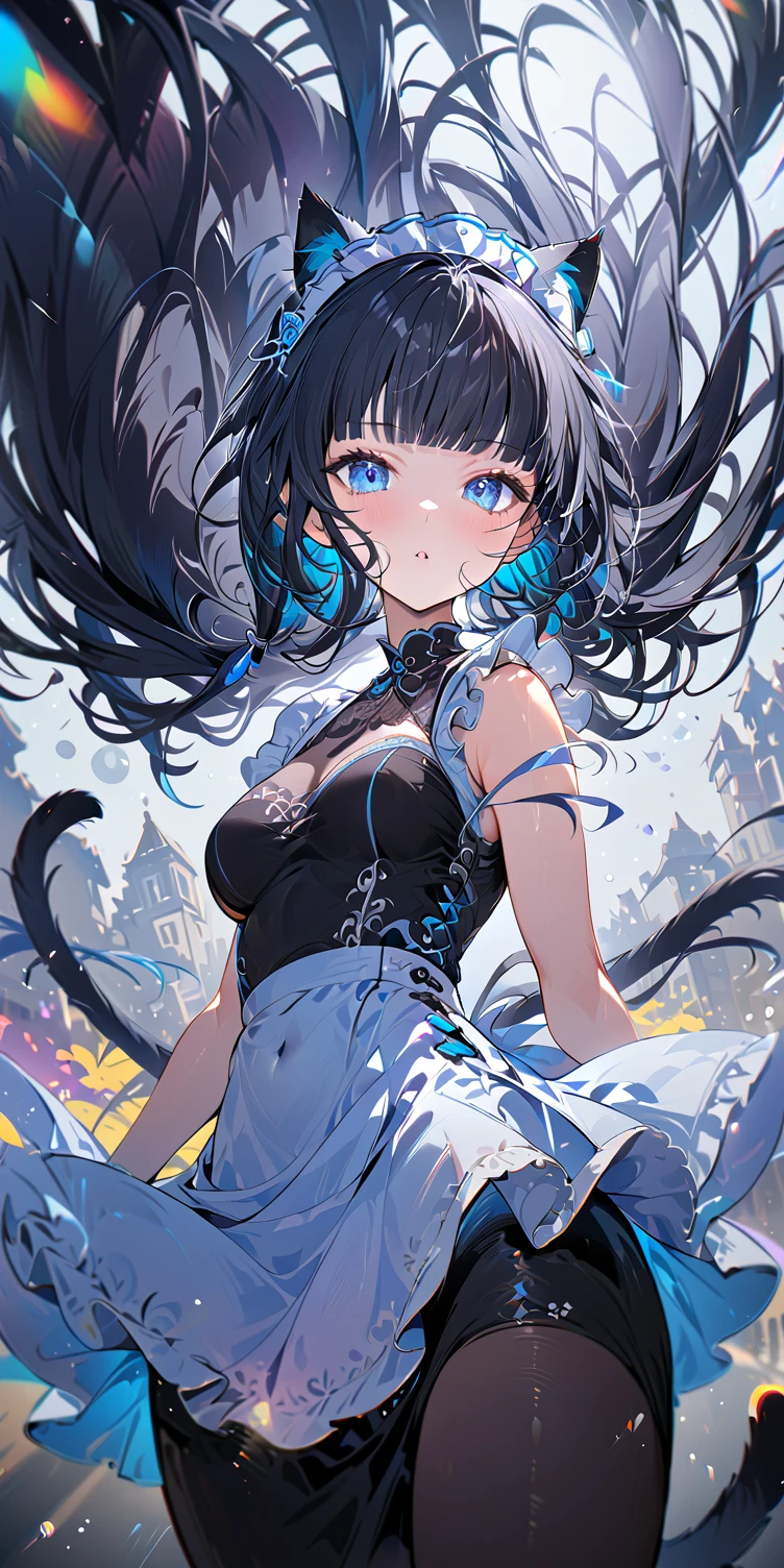 1girl, absurdly long black hair blunt bangs, blue eyes, cat ears, cat tail, chestnut mouth, large breast, open shoulder maid uniform, high waist short skirt, wind browing, floating hair, white background, contrapposto, cool expression, from below, look at viewer, soft focus, lens flare, masterpiece, best quality, vivid light color, Vector Art, 2D flat, simple shapes, professional graphic, flat color, Sleek design, 1girl, absurdly long black hair blunt bangs, blue eyes, cat ears, cat tail, chestnut mouth, large breast, open shoulder maid uniform, high waist short skirt, wind browing, floating hair, white background, contrapposto, cool expression, from below, look at viewer, soft focus, lens flare, masterpiece, best quality, Matte frosted color, Vibrant colors, Layering impasto (oil painting:1.1), ultra-detailed texture, perfect composition, intricate details, high resolution, High contrast, sharp focus, Delicate brushwork, ,AddXL,Dream Scenery