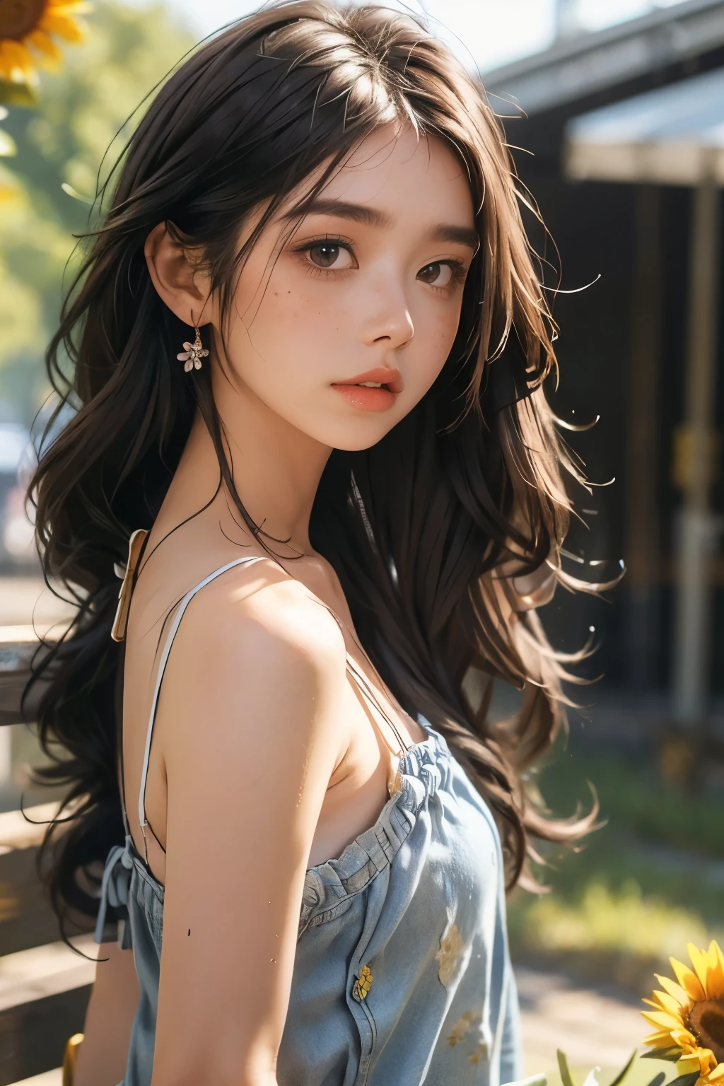 1girl, solo, flower, black hair, looking at viewer, braid, blurry background, blurry, denim, mole, long hair, freckles, holding, parted lips, black eyes, bouquet, lips, outdoors, camisole, sunflower, hair over shoulder