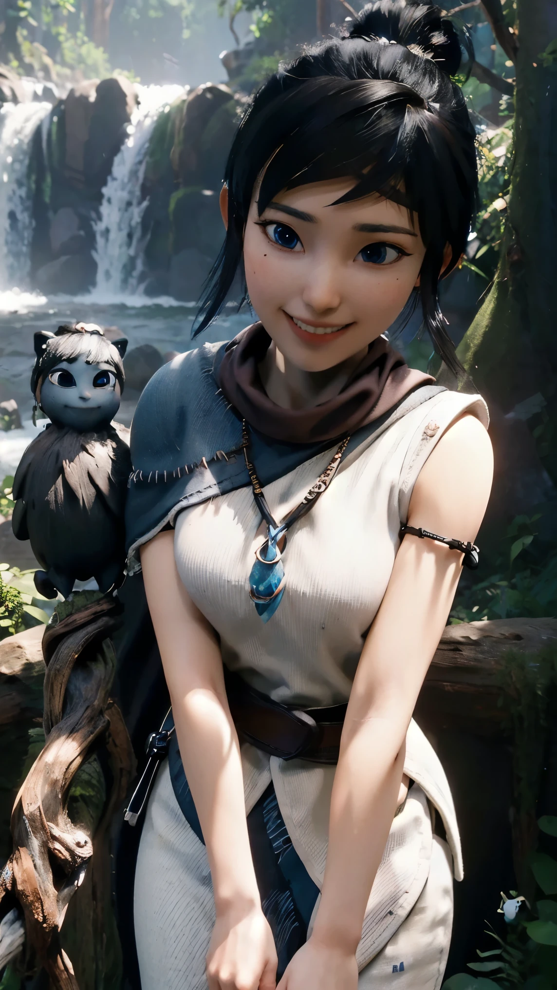 Kena,(best qualityer,4K,8k,high resolution,work of art:1.2)(weather: cloudy), spirit forest background, forest road, freckles, white sleeveless top, blue cape, brown capri pants, linen boots, elbow long gloves, headband, belt, eyeliner, short hair, black hair, ultra detailed, realistic,portraite,beautiful detailed blue eyes, glowing eyes,blush,beautiful detailed lips,extremely detailed eye and face, long eyelashes,sexly,average, large breasts,beaming smile, cute smile,powerful girl, confident pose, stunning curves,bright coloured,dramatic lighting, spirit totems, shaman staff,