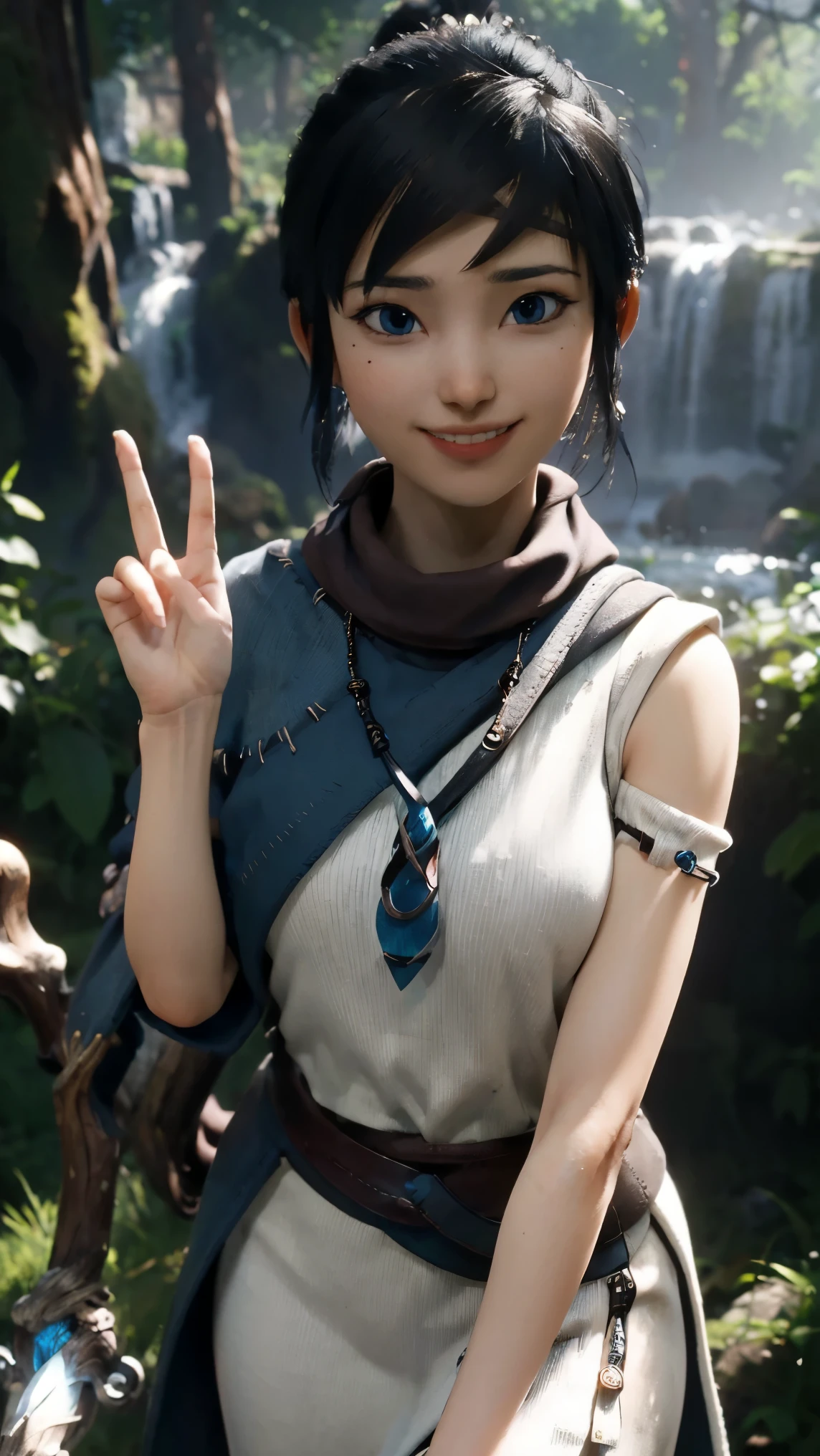 Kena,(best qualityer,4K,8k,high resolution,work of art:1.2)(weather: cloudy), spirit forest background, forest road, freckles, white sleeveless top, blue cape, brown capri pants, linen boots, elbow long gloves, headband, belt, eyeliner, short hair, black hair, ultra detailed, realistic,portraite,beautiful detailed blue eyes, glowing eyes,blush,beautiful detailed lips,extremely detailed eye and face, long eyelashes,sexly,average, large breasts,beaming smile, cute smile,powerful girl, confident pose, stunning curves,bright coloured,dramatic lighting, spirit totems, shaman staff,