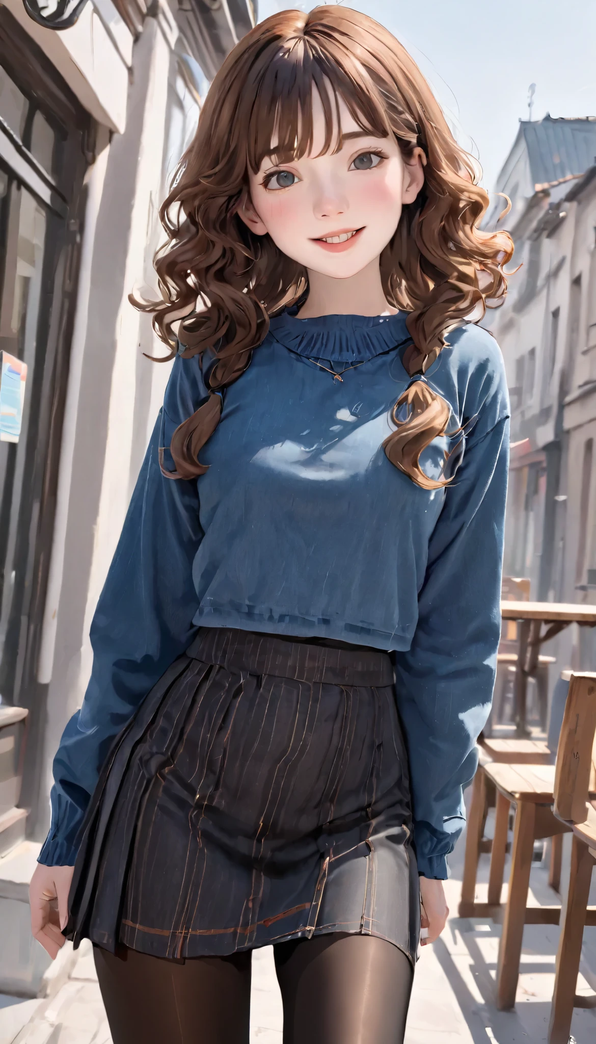 4K, masterpiece, 8k, high quality, 最high quality, cute student, Very white skin, long brown curly hair，a bit，Low length，freckles，Thick eyebrows，Blunt bangs，(Flat Chest) ，feminine, freckles, Tilt, Elegant, Elegant, cute, smile, cute, Hilarious, belly button, Denim Low Rise Mini Skirt, ((Black Pantyhose)), (Ugly clothes)、((Gray background))