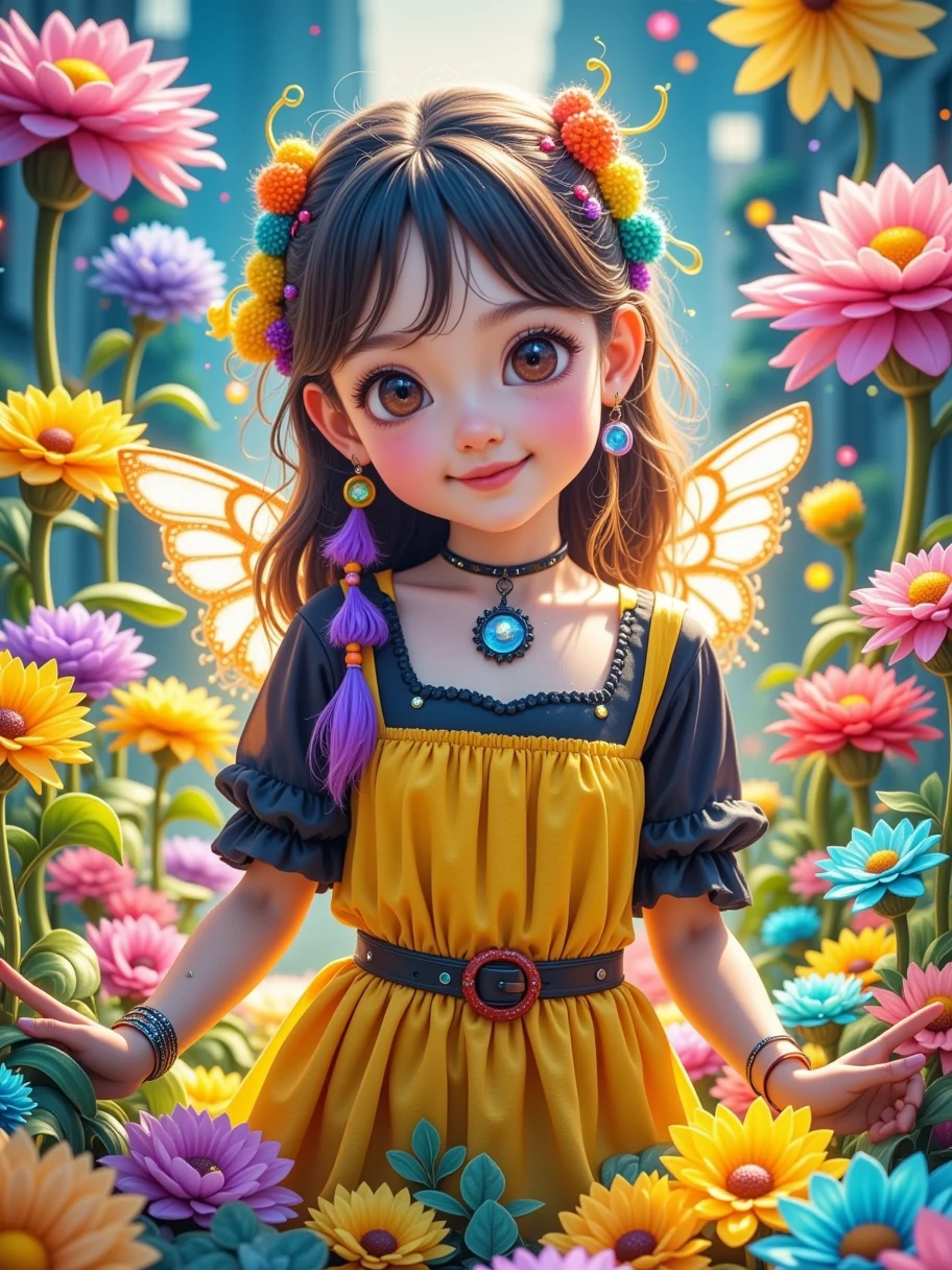 A  ， with a pair of little wings on her back, Big eyes，Antique style， has exquisite hair accessories ， wears a yellow and black dress ， is playing in the flowers ， is lively and cheerful ， curious about the world ，Realistic photography style,  fantasy art aesthetics ,  cinematic lighting , Ambience photography，Emotional photography，Movie Feel， Old Movie Style ,  natural light, , beautiful lighting effects ,  fantasy engine , Super fine, 超HD,  high quality, Perfect composition, (((远景拍摄whole body))), (((whole body))),  is brightly colored , HD,  high detail , Fresh color scheme , , bright and bright colors , ((( dopamine color scheme ))), High Saturation,  High Contrast, 8k