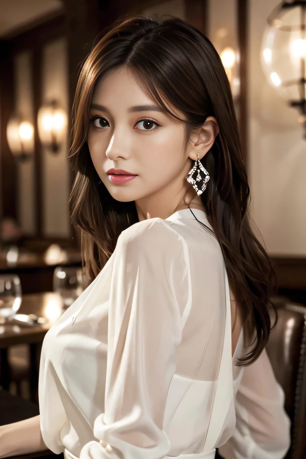 masterpiece, highest quality, Realistic, Very detailed, Finer details, High resolution, 8k wallpaper, One beautiful woman, Wear an elegant black see-through blouse, In a great restaurant, At night, Light brown shaggy haircut, Perfect dynamic composition, Beautiful and beautiful eyes、Big earrings