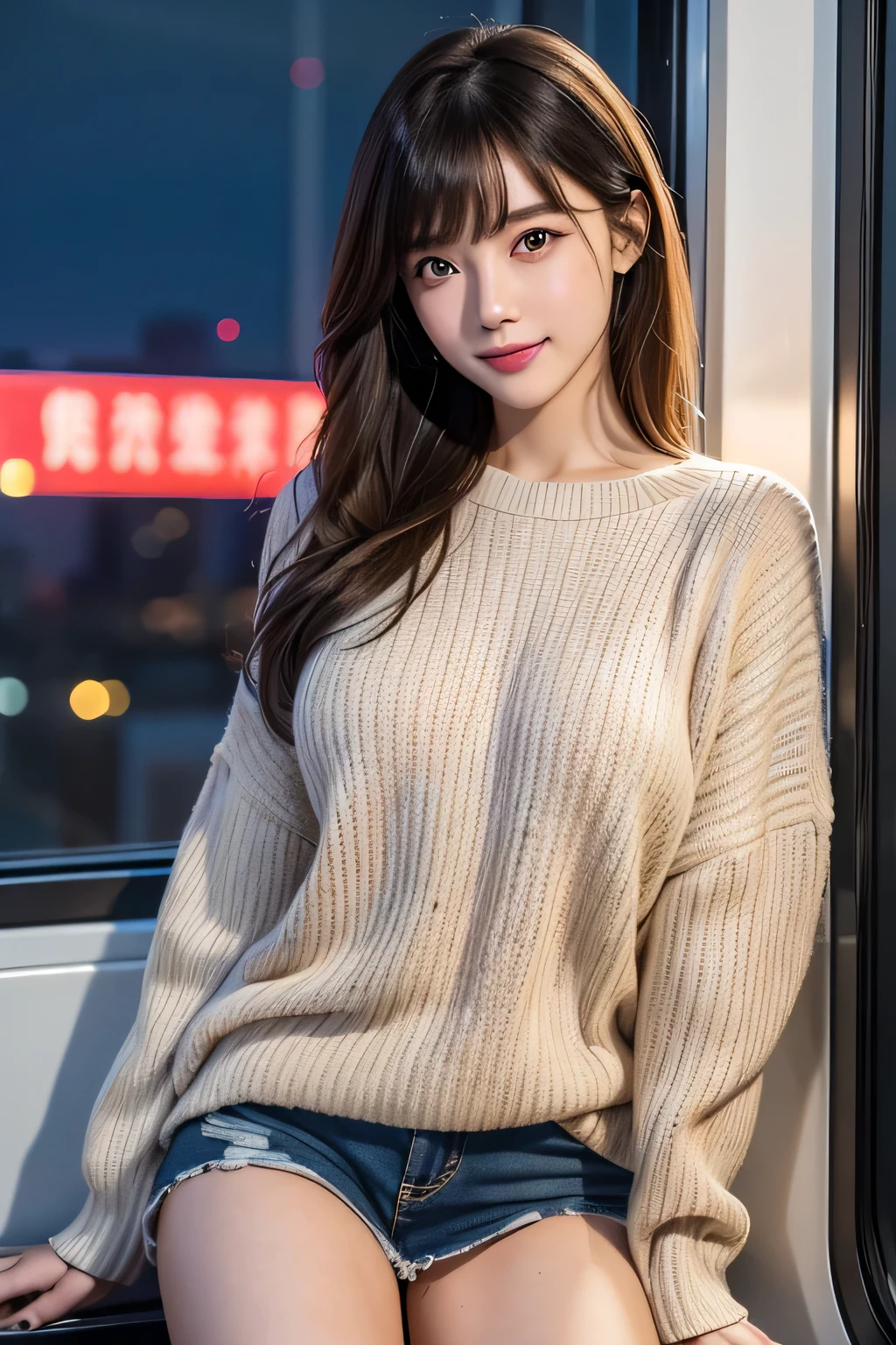 Very beautiful asian girl,alone,Mature Woman,路上でalone,White turtleneck long sleeve sweater,Denim shorts,supermodel figures,Supermodel Height,Very beautiful girl,Perfect diagram example,Slim and toned body,Toned figure,plump,Perfect body curves,Skin,Transparent and refined skin(Advanced Skin Details:1.1)The perfect Korean idol face,Nice and beautiful smile,Long golden hair,Light golden wavy hair,Transparent and fine hair(Premium Hair Detail:1.1),Exquisite eye makeup,Subtle eye detail,blue eyes(Advanced Eye Details:1.1)Best example of 4 fingers and 1 thumb,Perfectly balanced thighs and calves(jade feet)Put on earrings,Choker Necklace,bracelet,Sweater Series,Jeans Series,Photographic works,Best Work,Highest quality,Very sophisticated,Very high resolution,aloneの撮影