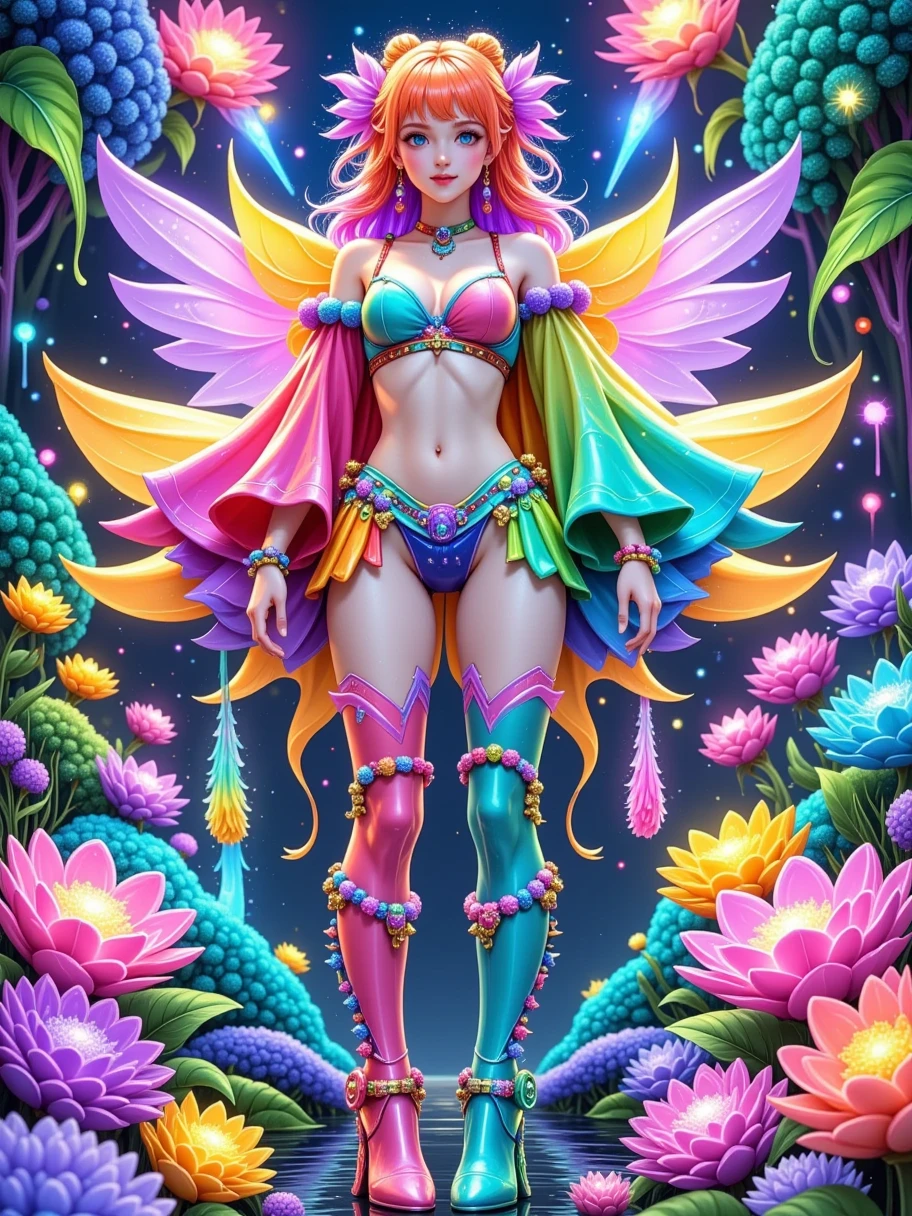  Future Tech Mecha , Flower Fairy, Modeled after a flower ,  Designed as a mecha fighter , whole body覆盖着自然色彩的装甲, , equipped with a basic weapon system , 装甲上刻有Flower Fairy特有的图腾, , as soft as a petal ,  without losing the strength and strength of the mecha ,  The colors are mainly flowers in nature , pink, Purple and green,  The future technology style is reflected in the ecological energy system on its armor, Super fine, 超HD,  high quality, Perfect composition, Vision, whole body,  is brightly colored , HD,  high detail , Fresh color scheme , , bright and bright colors , ((( dopamine color scheme ))), High Saturation,  High Contrast, 8k