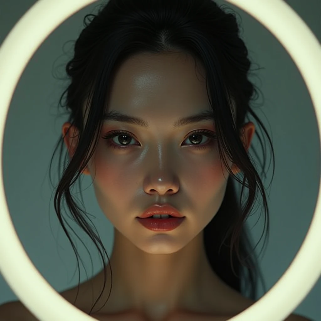 made full portrait unique photography with light and painting. Using Fluorescent materials to form abstract patterns that are implemented on the pretty japanese women face with dynamic pose. Phosphorescent materials store light and release it slowly. glow in the dark, prism rainbow effect, Ultra highly detailed, skin texture, detailed art, neon glow backround, Realistic Portrait by Arnau Mas