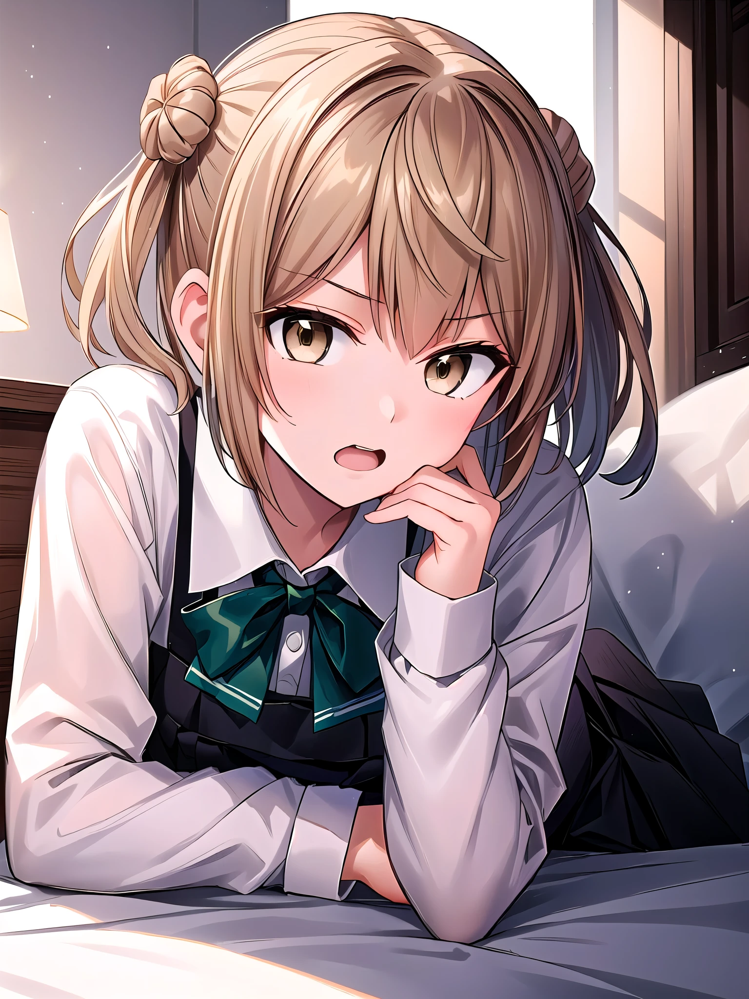 ((masterpiece)),(best quality),official art,extremely detailed CG,unity 8k wallpaper,ultra detailed,indoor,teenager,1girl,solo,(lying on bed),expressionless,head rest,MichishioKaiNiKC,short hair,(pinafore) dress, (black) dress, (white) shirt, (long sleeves) shirt, (green) bowtie, (MichiKN) , (collared) shirt , (MichiKN) bowtie,betterhand,(brown eyes),(angry),(looking at viewer:1.7),open mouth