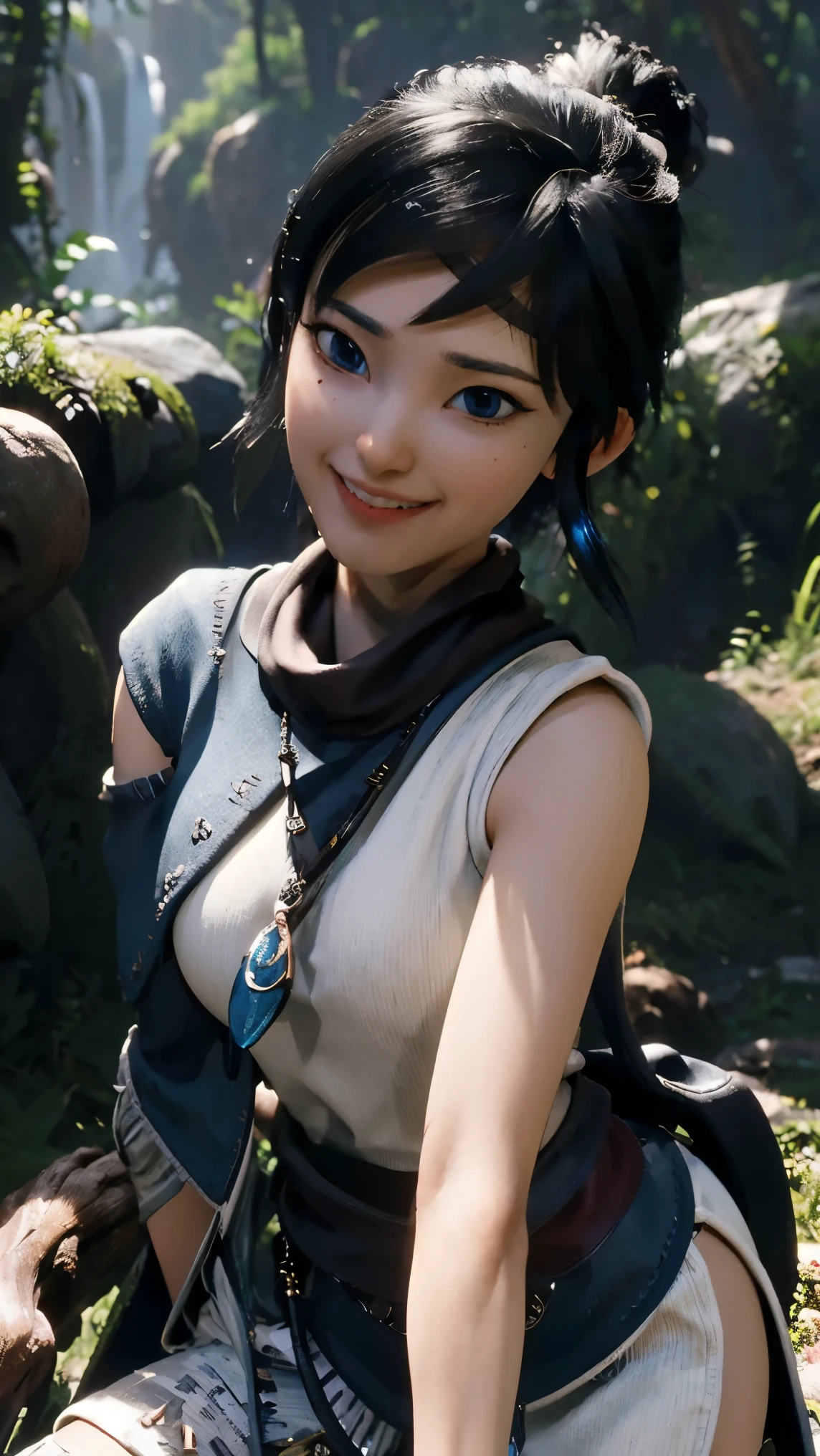 Kena,(best qualityer,4K,8k,high resolution,work of art:1.2)(weather: cloudy), spirit forest background, forest road, freckles, white sleeveless top, blue cape, brown capri pants, linen boots, elbow long gloves, headband, belt, eyeliner, short hair, black hair, ultra detailed, realistic,portraite,beautiful detailed blue eyes, glowing eyes,blush,beautiful detailed lips,extremely detailed eye and face, long eyelashes,sexly,average, large breasts,beaming smile, flirty smile,powerful girl, archer pose, stunning curves,bright coloured,dramatic lighting, spirits, shaman staff,