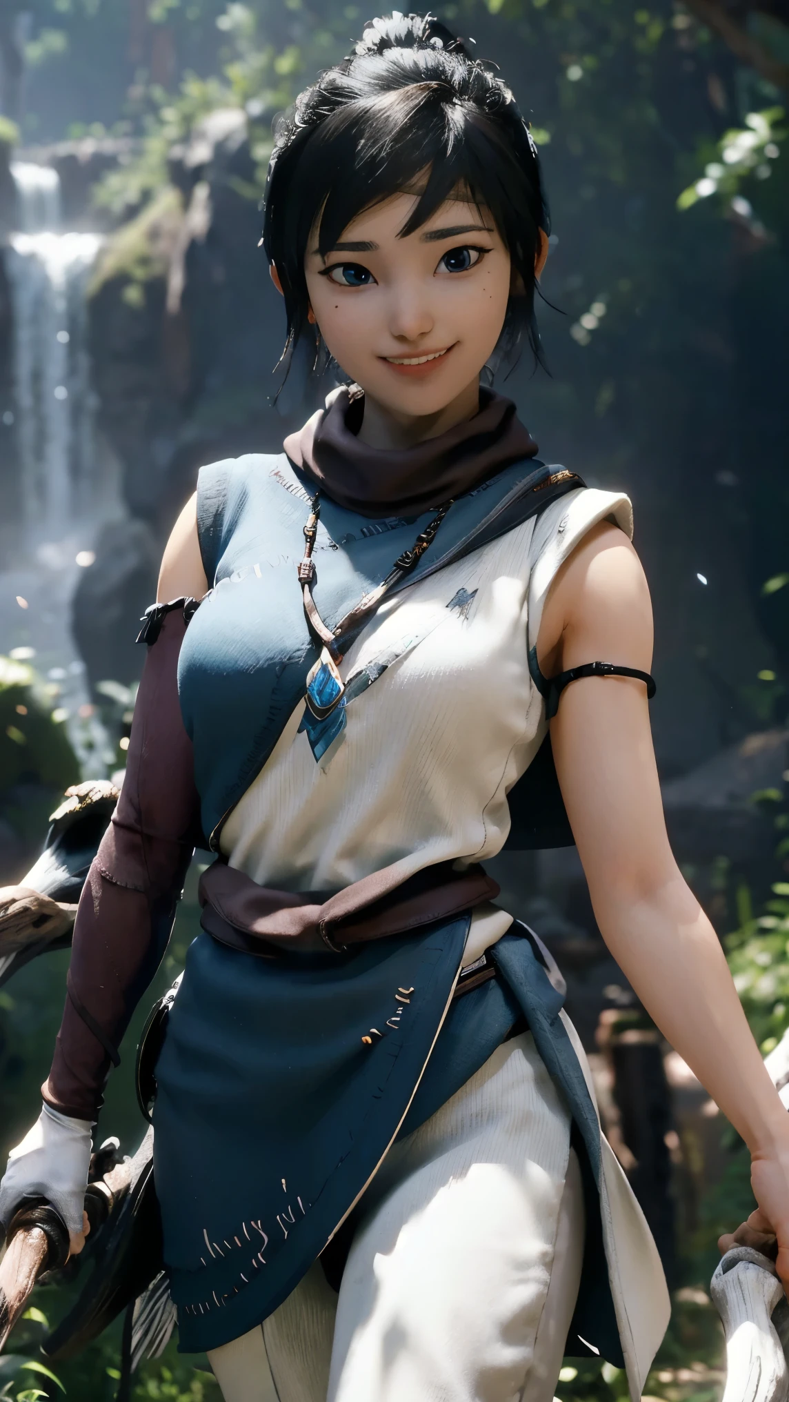 Kena,(best qualityer,4K,8k,high resolution,work of art:1.2)(weather: cloudy), spirit forest background, forest road, freckles, white sleeveless top, blue cape, brown capri pants, linen boots, elbow long gloves, headband, belt, eyeliner, short hair, black hair, ultra detailed, realistic,portraite,beautiful detailed blue eyes, glowing eyes,blush,beautiful detailed lips,extremely detailed eye and face, long eyelashes,sexly,average, large breasts,beaming smile, flirty smile,powerful girl, archer pose, stunning curves,bright coloured,dramatic lighting, spirits, shaman staff,