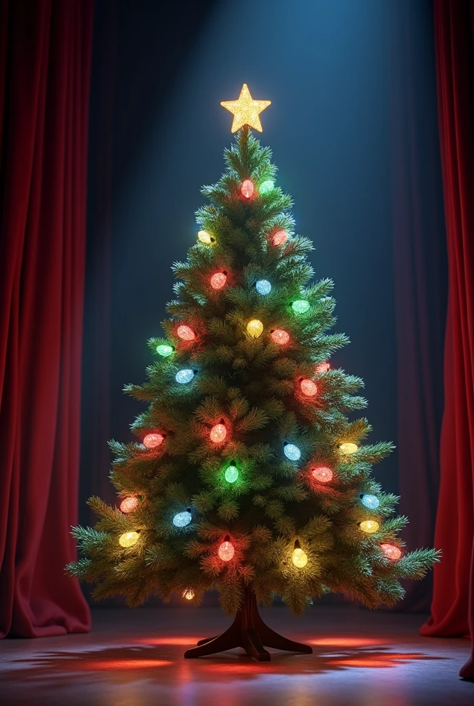 An animated image of a Christmas tree having a conversation with lights and backstage