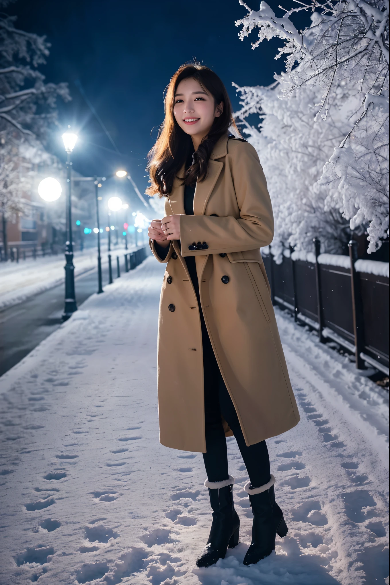 (Best Quality、masterpiece、8k、Highest quality、 ãããe ¼ ããã 、Award-winning works)、 1 girl、( Flawless light brown coat using thick melton fabric.:1.2)、Soft indirect lighting、Soft and delicate light、Spectacular Cinema Lighting、Romantic snowy night city、Romantic illuminations、Beautiful night view of a snowy city、(The most beautiful smile looks at me:1.1)、Fine sparkling snow、 Beautiful snow reflecting light 、 Diamond Dust 、( tyndall effect:1.1)、Beautiful snowy scenery、(that&#39; Snow Is Falling :1.1)、 Exact Anatomy 、( face with no sense of incongruity:1.3)、Beautiful Glossy lipstick, Natural colors、 natural makeup、Glossy lips、 ultra-high definition shiny skin 、ultra high definition radiation, Beautiful Skin、Moisturized, beautiful skin、Beautiful, glowing skin、超高精細のGlossy Lips、  Ultra High Definition Sparkling Eyes  、(BEAUTIFUL PERFECT TEETH 、 ultra high resolution:1.1)、(Smile big showing your beautiful teeth:1.1)、(Perfect and beautiful teeth:1.1)