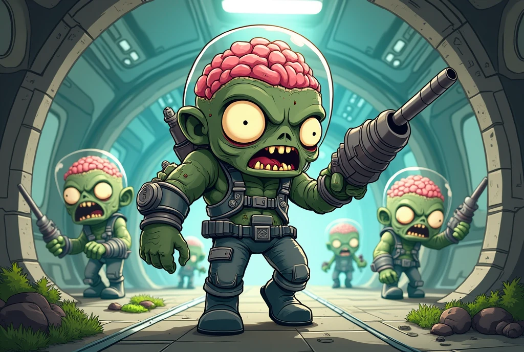 Create a full-body illustration in chibi style/ Cartoon of a very large zombie , very strong with exaggerated muscles . She only wears astronaut pants and boots and is walking in a threatening way. There are pieces of his body missing , but these characteristics must be retracted in a cartoonish form . She has grey-green skin and huge, bulging eyes completely white . One of her arms is a gigantic cannon . Part of your brain is in a cartoonish way . Her arms are very large , muscular and disproportionate . In his open mouth , several teeth are missing and a green slime is dripping from her giant . She is inside a futuristic space station in the foreground . In the background there are other zombies with characteristics similar to those of the character . Use lines of movement and lighting to show the action of the scene . masterpiece . 8k