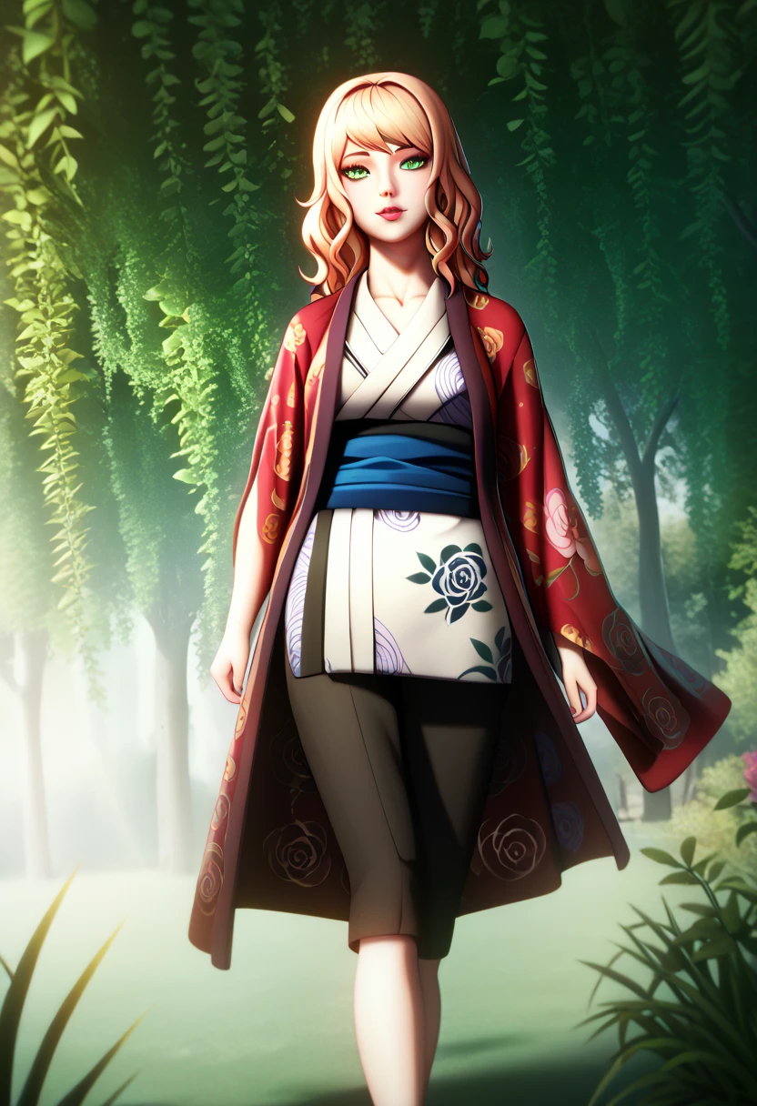 a woman with long red wavy hair and bangs, green eyes, walking and wearing a wide floral kimono with a sash at the waist, full body art, (best quality,4k,8k,highres,masterpiece:1.2),ultra-detailed,detailed eyes,detailed lips,detailed face,longeyelashes,beautiful detailed portrait,elegant kimono,intricate floral pattern,natural lighting,rich colors,serene expression,graceful pose,lush garden background