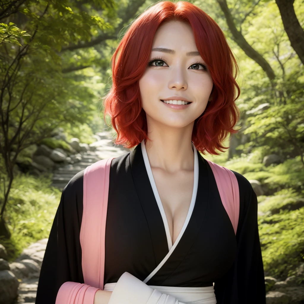 masterpiece, best quality, matsumoto rangiku, short hair, hair between eyes, necklace,black kimono, cleavage,ginger hair,pink sash, huge breasts, looking at viewer, portrait,upper body, forest,1girl, solo,smile, photograph,