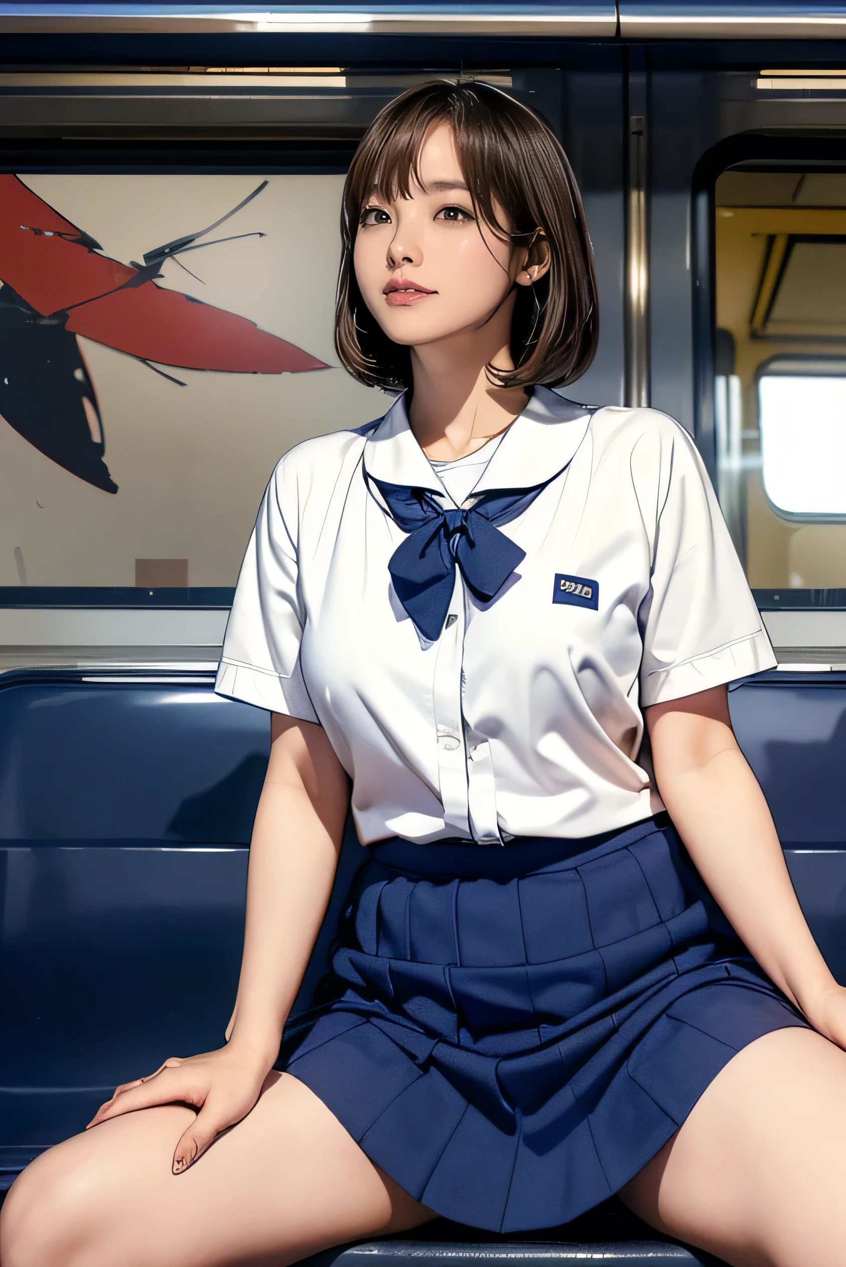 “（nmasterpiece，high-definition，ultra high def，4K）Black hair with double ponytail，14 years old Japanese girl，Red tight skirt，emphasizing thighs，Exposing the skin of the legs，soft thighs，Glossy thighs，sat down in train aile，Face-to-face perspective，（From the angle below），Sit in the train seat，Sit in front，Crotch zoom camera，Feet on the train floor，Whole human body，Head down and sleepy-eyed，Just look at the audience"， 最佳质量， ultra high def， （make realistic：1.4）， high resolucion， specifics，