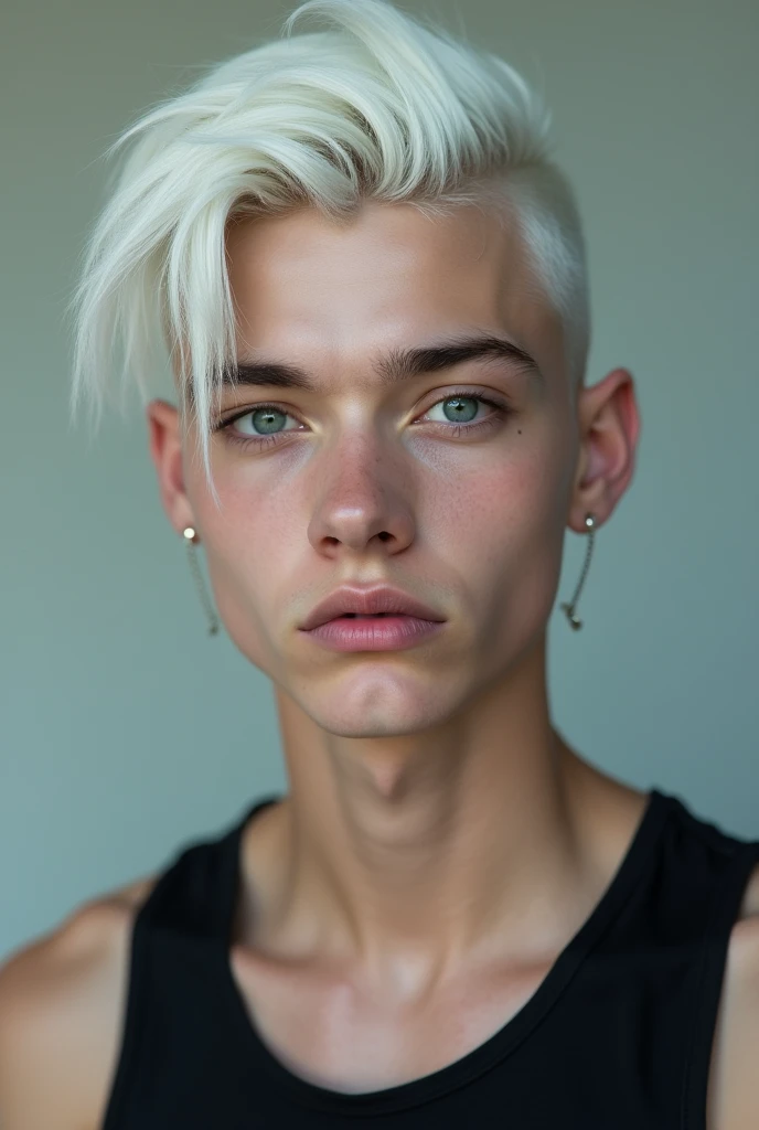 A young man with white hair in the Wolfcut cut, dark blue eyes , slightly pink lips , white eyebrows, Half pale, with a piercing on the corner of the mouth, Seriously and wearing a black tank top