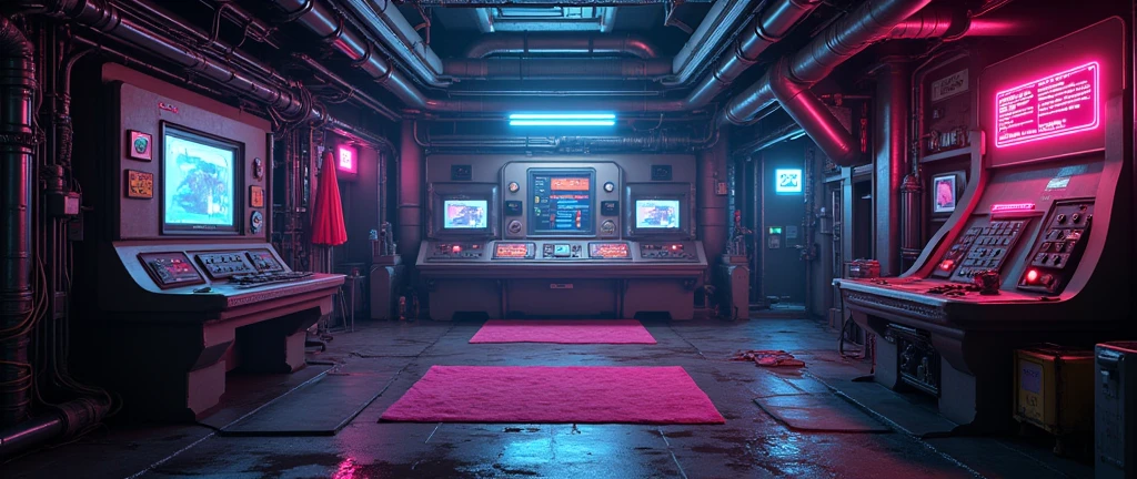 The image depicts a futuristic, industrial environment with a dark, neon-lit ambiance. The scene is filled with various mechanical and electronic components, including pipes, cables, and a control panel with numerous buttons and displays. The floor appears wet, reflecting the neon lights, adding to the moody atmosphere.