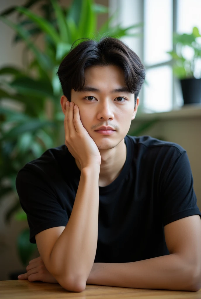 The image is a portrait of byeon woo seok korean young man sitting at a table with his hand resting on his chin. He is wearing a black t-shirt and has a serious expression on his face. The background is blurred, but it appears to be a room with a window and some plants. The lighting is soft and natural, and the overall mood of the image is relaxed and contemplative.