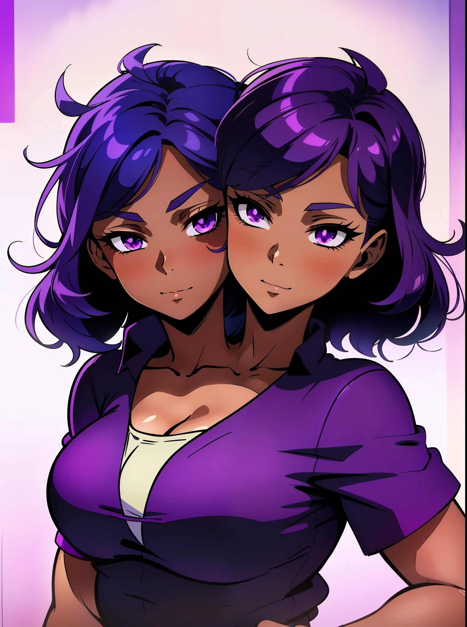 (masterpiece),(ultra-detailed), (high quality), (high resolution), best quality:1.5, UHD, 4K), best quality, masterpiece, 4k, ((2heads:1.5)) a cartoon two headdd girl with purple hair and a purple shirt, dark violet hair, cel shaded!!!, purple eyeshadow, she has purple hair, dark skin color, cel shaded:15, desaturated!!, dark skin, two characters, cel - shaded art style, cel shaded, ashy, violet and black, white background : 3, clean cel shaded, shading!!!