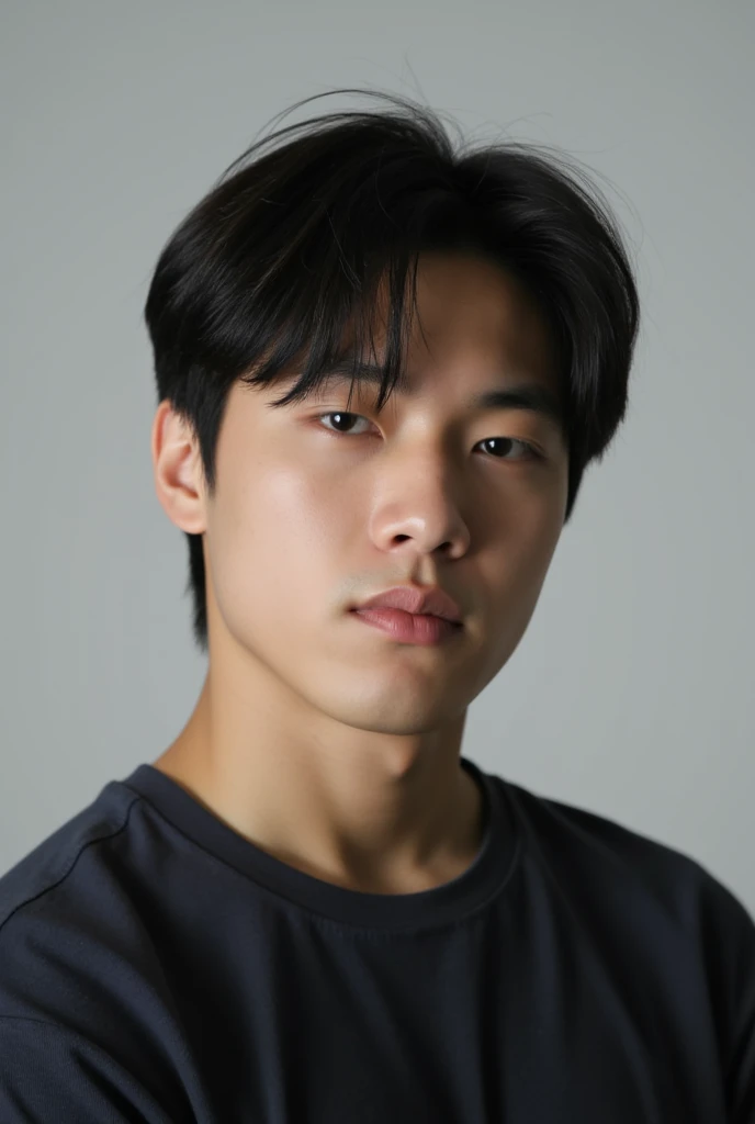 photo of a handsome korean young korean man black shirt looking at the camera staring