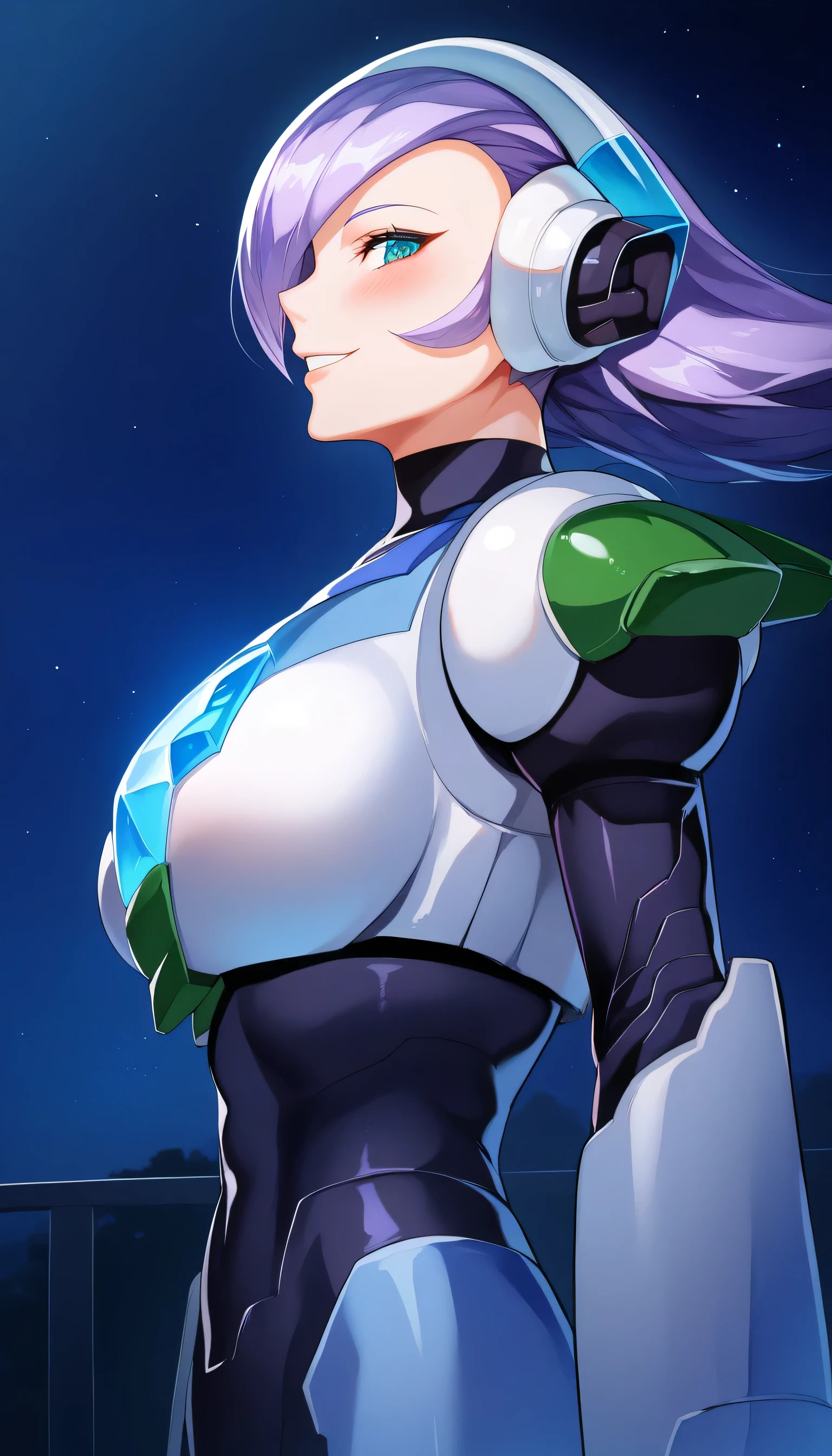  poster in a theater,  upper body, blush, profile ,(masterpiece, 1 girls, large breast,Anime, puri, 1girl, luminex8, smile, violet hair, android, white armor, black bodysuit, night, low angle, looking at viewer, night, sky, stars