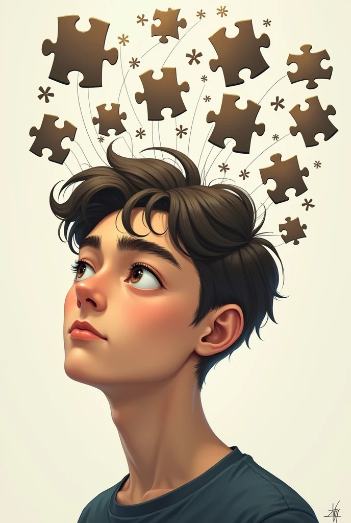 Head of a young man with puzzle pieces that connect the pieces of the ...