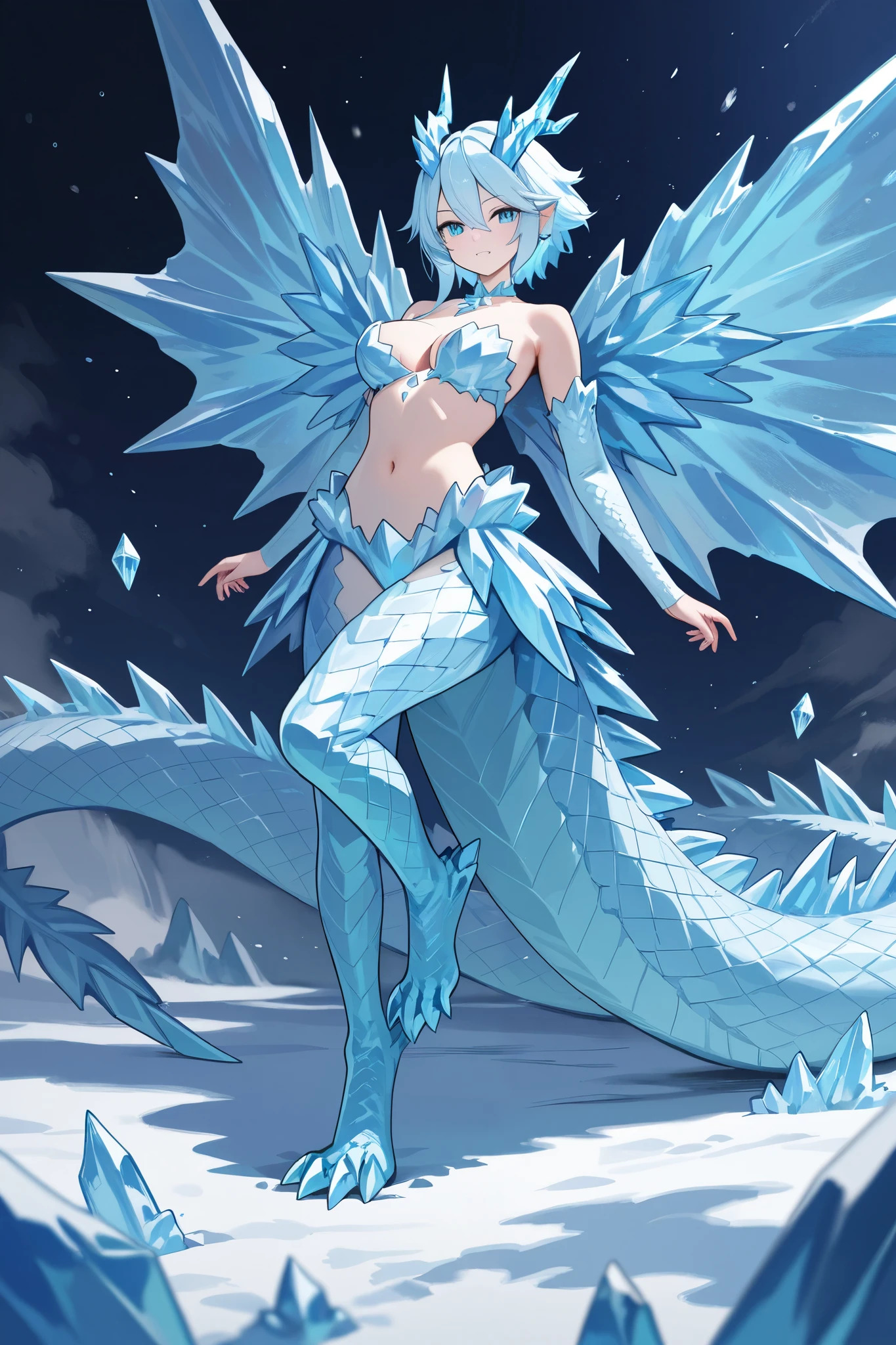masterpiece, (1girl:1.5), extremely detailed female character, full body shot, best quality, dnd, dungeons and dragons, (curvy, athletic, pointy ears), (diamond blue dragonborn, anthro, horns, glowing eyes, scales skin, damaged), (magazine title, text, "Play Dragon", "Dragon":1.5), (magazine:1.5), medieval era, fantasy clothes, anime style, (medieval fantasy bikini, summer beach background, beach volleyball, action pose), (nsfw)