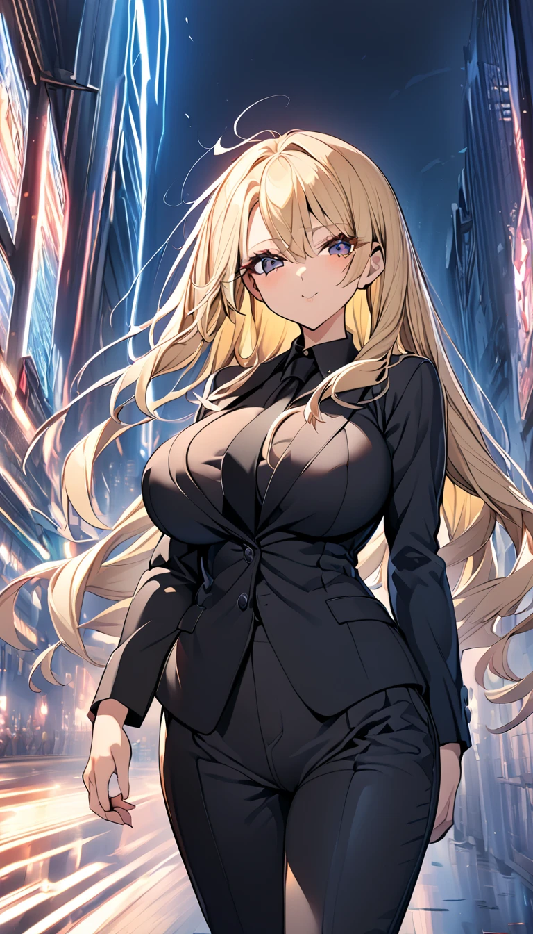  1 girl　 pretty girl 　 anime style　Anime Face　 anime style　Beauty　Big Breasts　Black pants suit　 black shirt 　Black color tie　Blonde hair　 straight hair　 long hair 