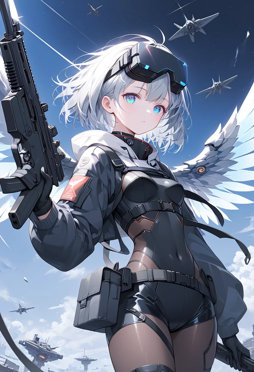 fantasy, 1angel_girl,young_teen, ,silver_hair, short_hair, long_bangs, halo,bare_shoulder,thighhighs,silver_armor, waist_armor, large_breasts,sleepy,half_eyes,1pair_wings, dynamic_pose_fighting,floating, bare_crotch, headgear,gauntlet, greaves,city_background,slightly_spread_legs, solo, groin_naked,