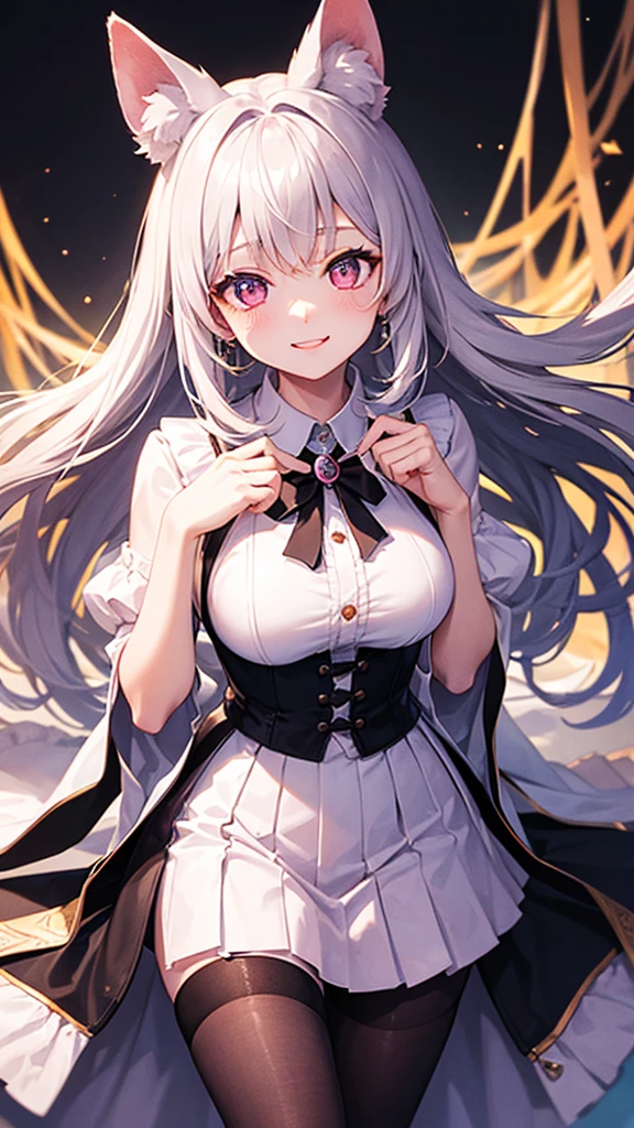 masterpiece,highest quality,Highly detailed face,fine grain,,Waterfront,bubble,Sparkling eyes,Highlighted eyes,Center of chest,pretty girl,smile,Cat ear,Beautiful silver hair,Pink inside,Beautiful pink eyes,Oversized shirt、skirt、black tights
