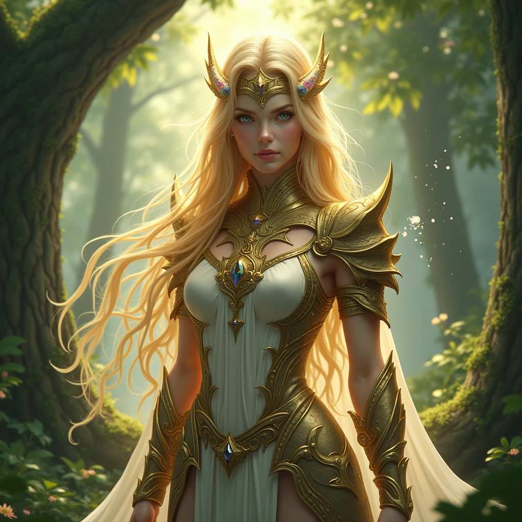 elven woman, long blond hair, gold bikini, posing in the woods, detailed fantasy art, amazing fantasy art, hyperrealistic fantasy art