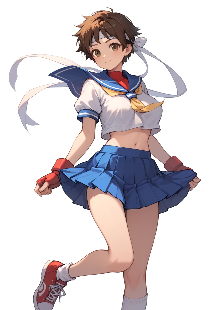 (score_8, score_8_up,masterpiece,highest quality, Perfect Anatomy, Exquisite detailed:1.3) (realistic:0.5) 1 girl,sakura kasugano, brown eyes, brown hair, short hair, ankle socks, blue skirt, crop top, headband, midriff, miniskirt, navel, sailor collar, school uniform, shoes, short sleeves, skirt, sneakers, socks, stomach, shirt, white shirt, white headband, gloves, red gloves, cute face, busty (half closeeyes:0.3)