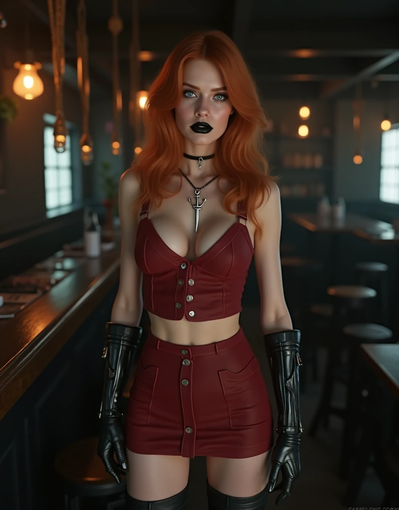 Caucasion woman with red hair wearing black leather sitting at a bar in a cyberpink city