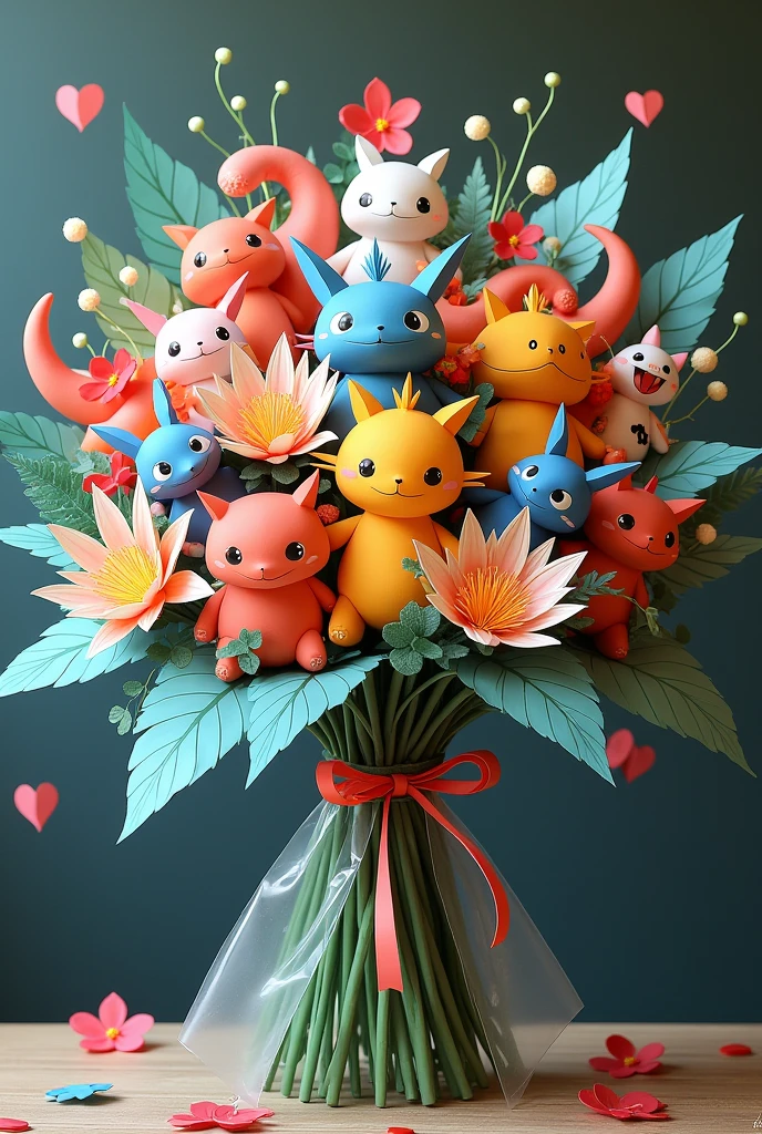  A Digimon-themed bouquet of paper using cellophane paper, Korean paper and printed images of all the Digimon characters, and between each twig small LED lights 