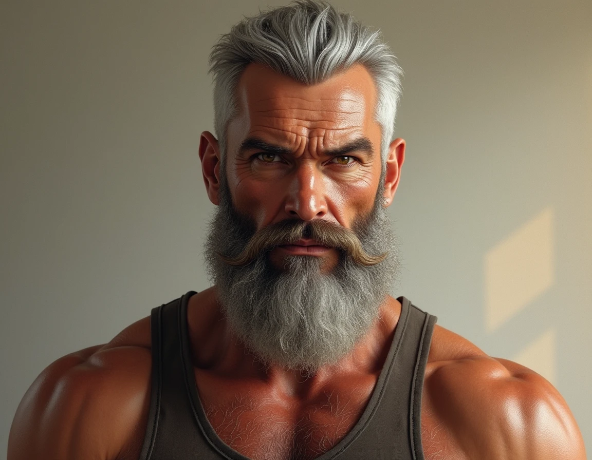 A muscular (old latino) alpha beefy massive pumped old muscle daddy with big arms, pectorals and thick thighs, huge beard, grey hair, wearing a tight bodysuit mixed with cyberpunk armor gear, realistic, 8k, 3d render, unreal engine, NVIDIA, RTX 4090, by Greg Rutkowski, hyperrealistic, dynamic pose
