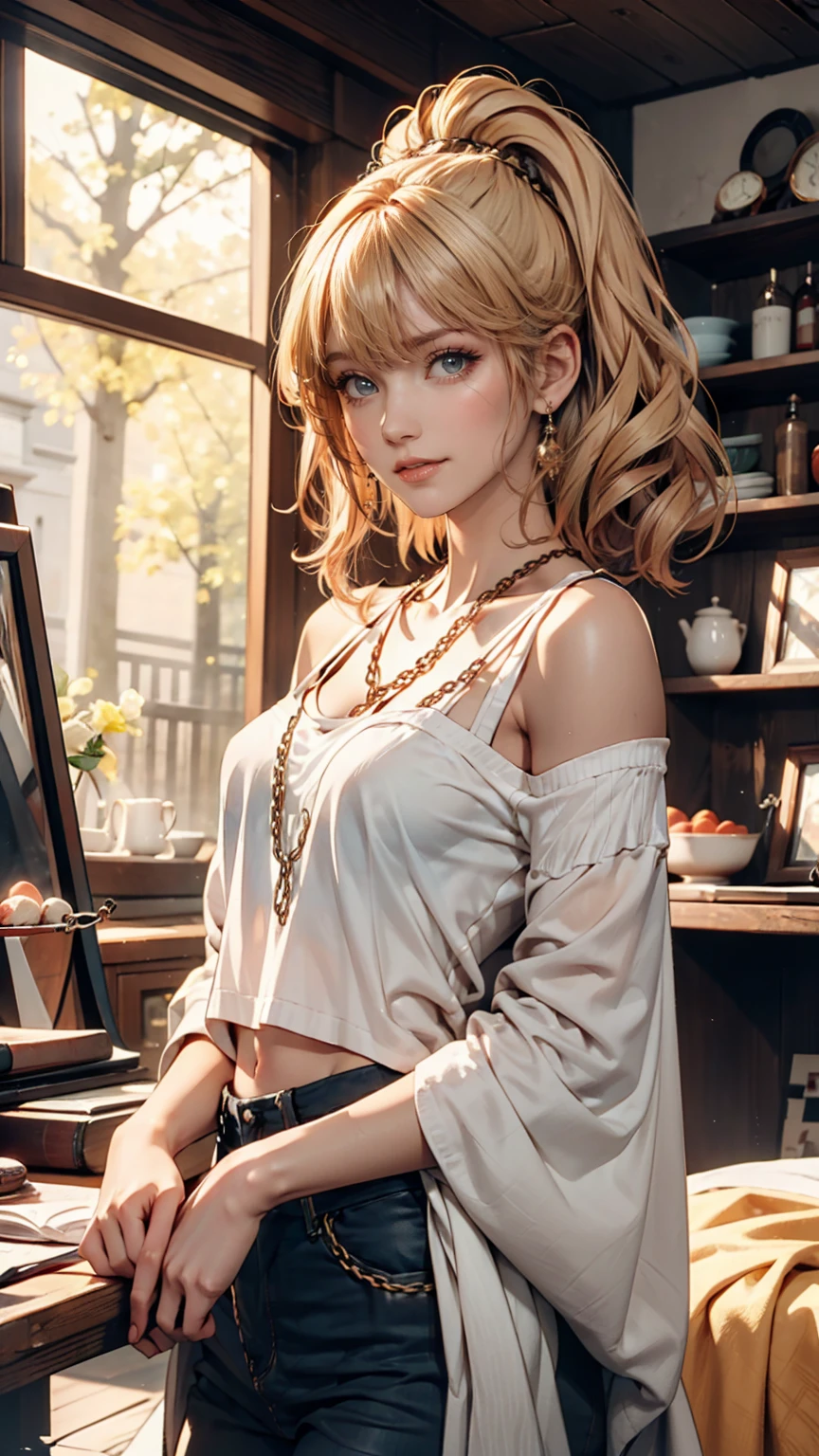 (masterpiece), (highest quality), Makima with Taylor Swift's face (chainaw man), highest quality, Super detailed, One girl, alone, Are standing, Redhead, Long braided hair, Golden Eyes, bangs, Medium chest, tie, look, smile, (bad: 1.2), looking at the viewer, (interview: 1.3), (Dark Background, chain: 1.3) Exposing breasts,