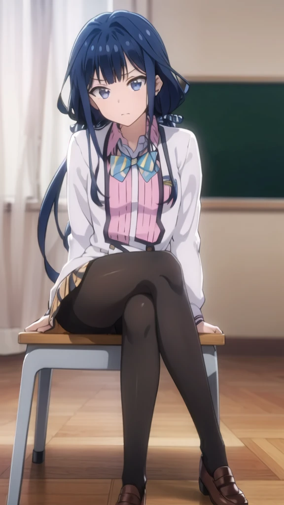 巨作, Best Quality,highres,da,twintails,pantyhose,long  hair,1girl, 独奏, school uniforms,blue hair, eyes blue,low twintails,striped,skirt,shirt,crossed legs, Classroom,
