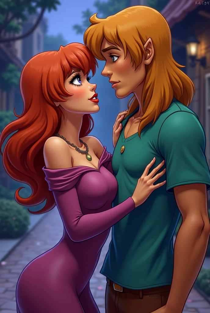 trans Male to female, plump pursed lips, freckles, long curly ginger hair with bangs, crystal blue eyes with smoky eye shadow and black eyeliner, black semi-matte lipstick, pale to sun-kissed skin, flirty smug smile, teal sundress, large futanari genital bulge