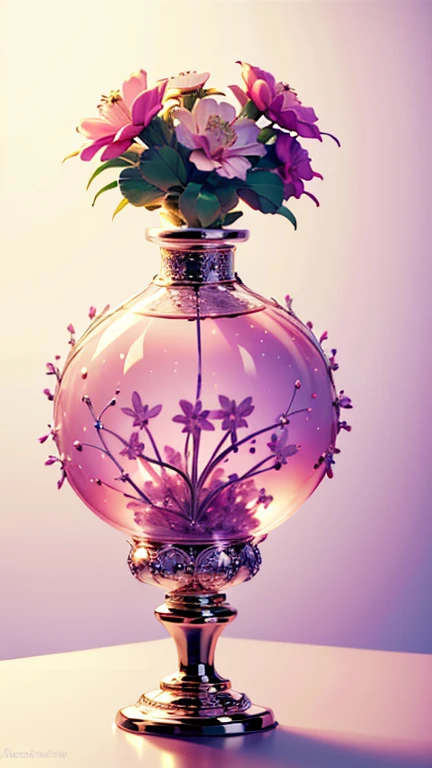 beautiful perfume bottle greatest masterpiece High Quality High Precision pink silhouette、 white background There are lots of white cactus flowers scattered 、Bright lighting container design 、 delicate design A masterpiece