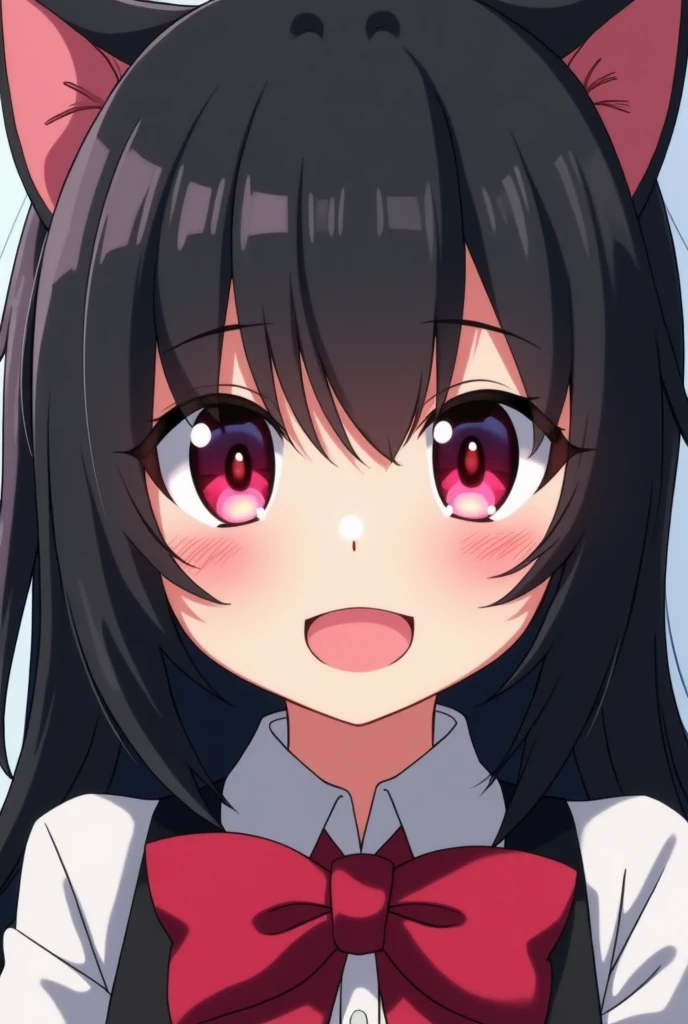 (junkotvv pelo negro con flequillo, orejas de gato, ojos rojos), (obra maestra, mejor calidad:1.2), IncrsSnootChallenge, comic, manos pov, 1 chica, htcerberus, feliz, sonrisa, :d, orejas de perro, chaleco, camisa roja, corbata negra, Liga de brazo, Chaleco negro