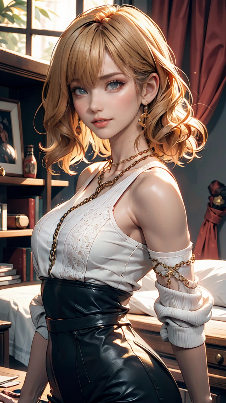(masterpiece), (Highest quality), Makima with Taylor Swift&#39;s face (chainaw man), Highest quality, Super detailed, One person, alone, Are standing, Redhead, Long braided hair, Golden Eyes, bangs, Medium chest, tie, look, smile, (bad: 1.2), looking at the viewer, (interview: 1.3), (Dark Background, chain: 1.3) Exposing breasts,