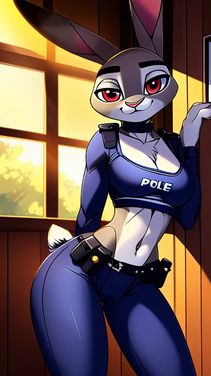  Create an illustration of Judy Hopps with a predator expression , sexy (sexy:1,3), and determined,  with bright eyes and a sinuous smile ."
- " Draw Judy Hopps  (18+:1,3),  with a toned body and a confident posture ,  wearing a very tight police costume that leaves parts of her body exposed, sexy and revealing ,  with a sexy predator look ,  red eyes , look over the shoulders ,  that challenges and seduces at the same time ."